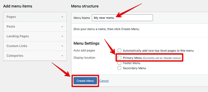 WordPress add menu items view with red box around create menu