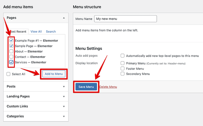 WordPress add menu items view with red box around save menu