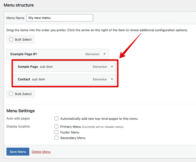 WordPress menu structure dashboard with red boxes around sample page and contact