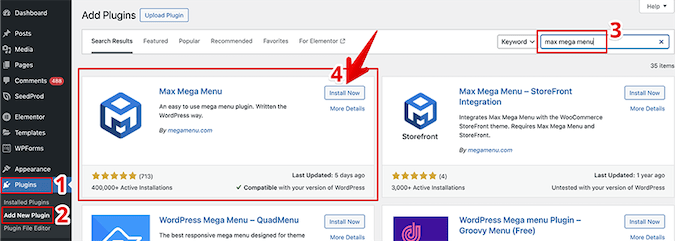 WordPress Add Plugins page with red arrow pointing to Max Mega Menu