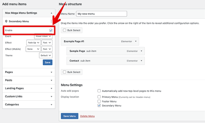 Max Mega Menu settings with red box around Enable