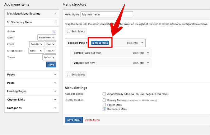 Max Mega Menu Settings with red box around Mega Menu 