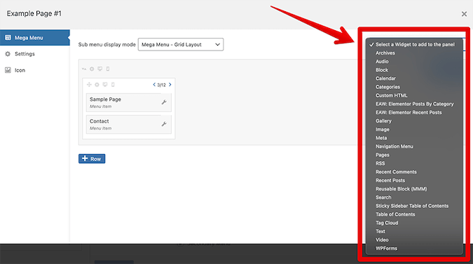 Mega Menu with dropdown options to select a widget to add to the panel