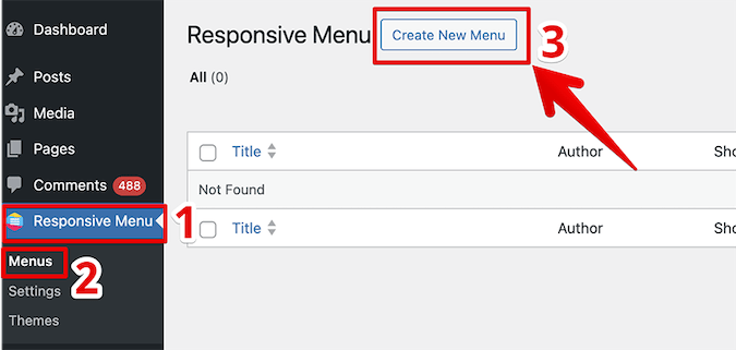 Responsive Menu dashboard with red box around create new menu