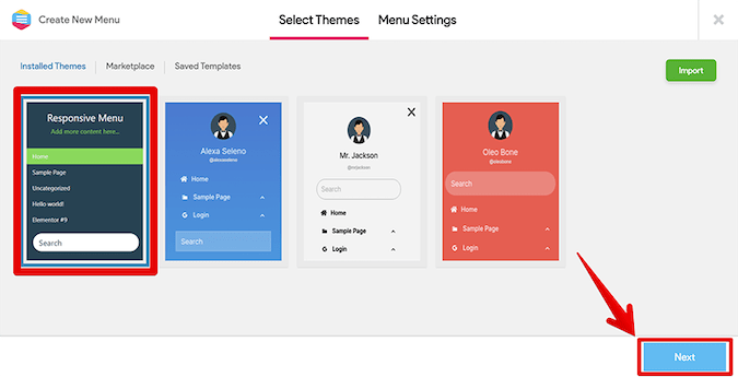 Responsive Menu page to select themes