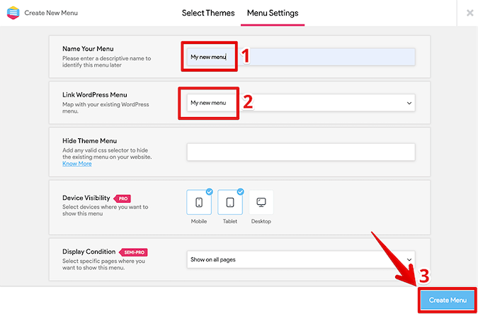 Responsive Menu menu settings page