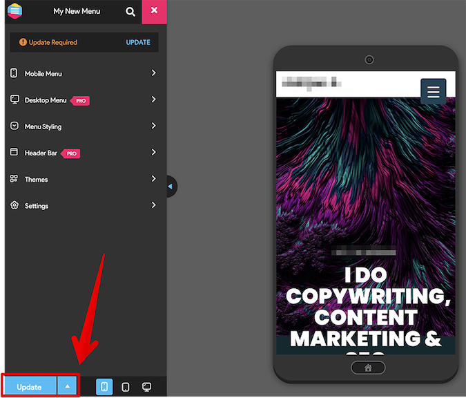 Responsive Menu dashboard with red arrow pointing to update button