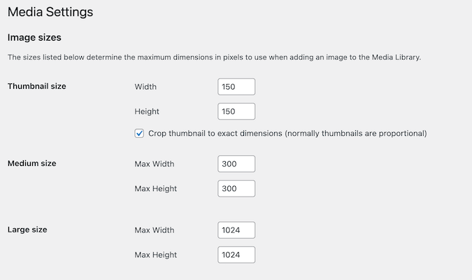 WordPress media settings dashboard