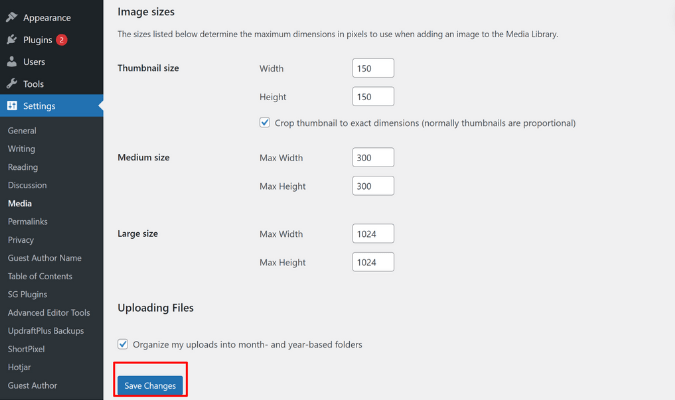 WordPress media settings dashboard with red box around Save Changes