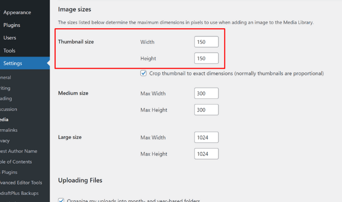 WordPress media settings dashboard with red box around Thumbnail size options