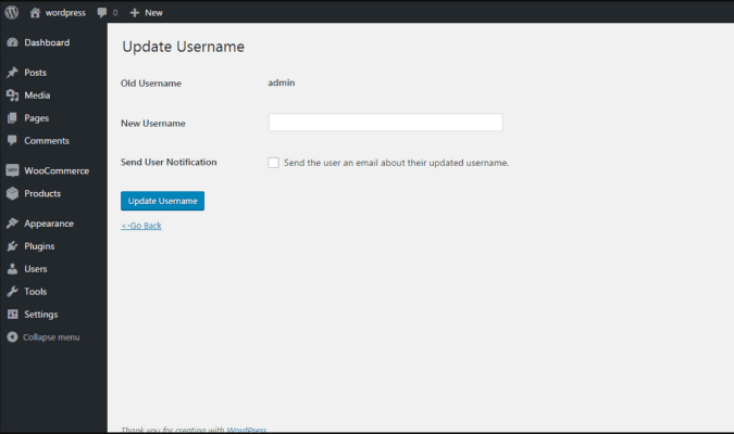 WordPress Update Username dashboard