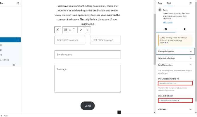 WordPress form settings with red boxes around email address to send to and email subject line