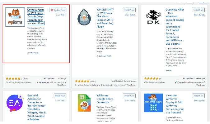 WordPress plugins page with red box around Contact Form by WPForms