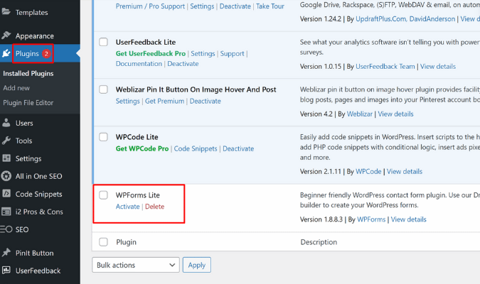 WordPress plugins with red box around activate WPForms Lite