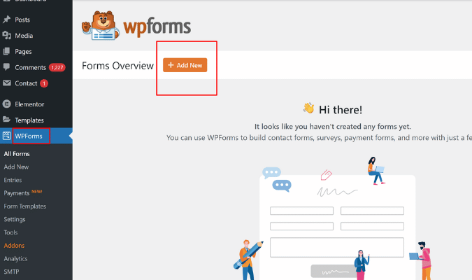 WordPress WPForms dashboard with red box around Add New
