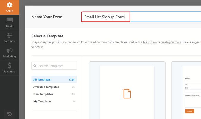 WP Forms Name Your Form section