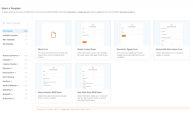 WP Forms select a template page