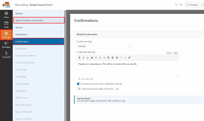 WPForms form settings