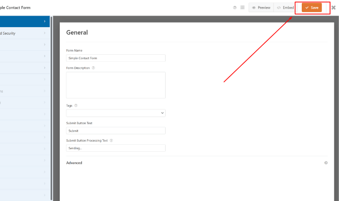 WPForms form with red box around Save button