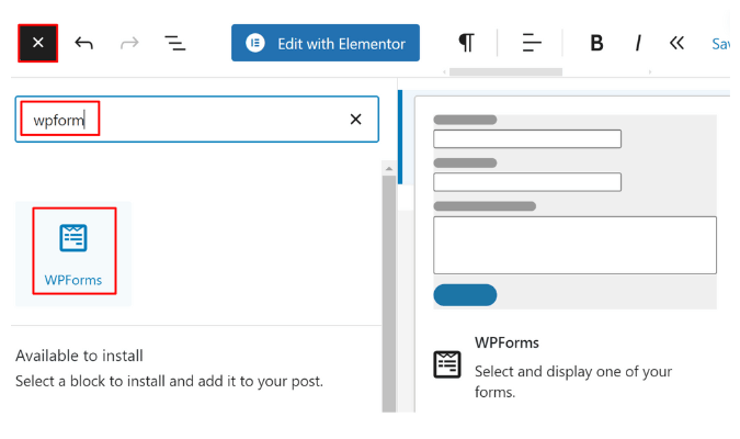 WordPress block editor with search for WPForms