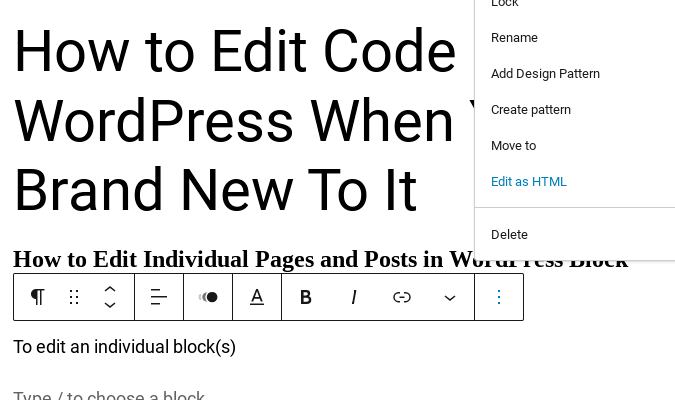 Edit as HTML option in WordPress block settings