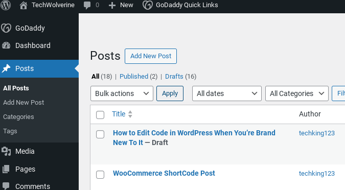 WordPress Posts dashboard