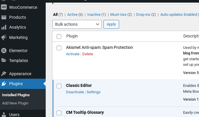 WordPress Classic Editor plugin activated