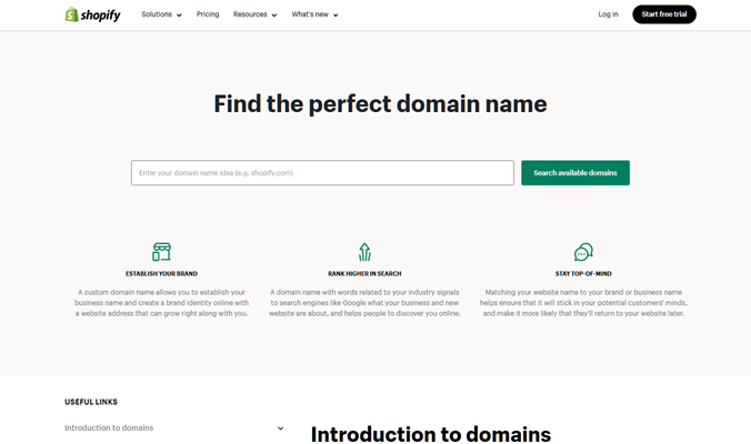 Shopify landing page for buying and registering a domain name