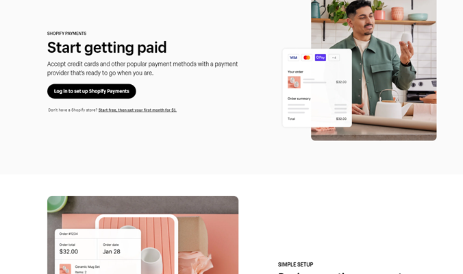 Shopify landing page that says Start getting paid