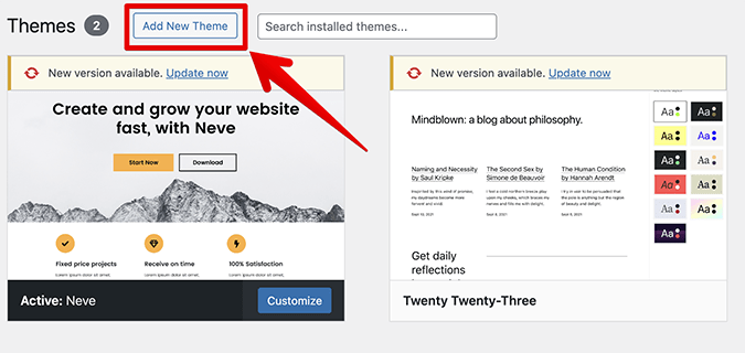 WordPress themes dashboard with red arrow pointing to Add New Theme