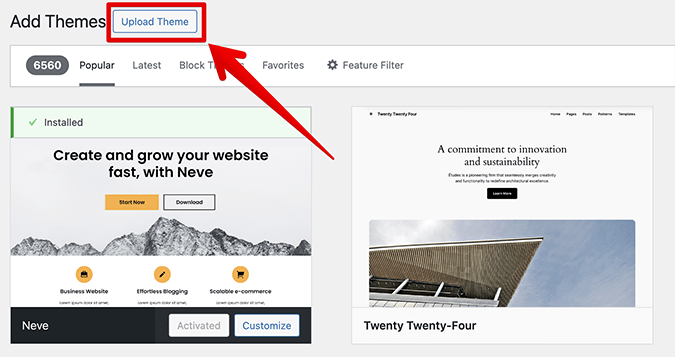 WordPress Add Themes dashboard with red arrow pointing to Upload Theme