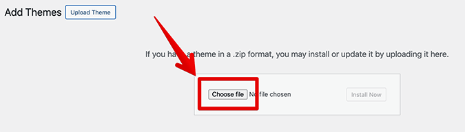 WordPress Add Themes dashboard with red arrow pointing to Choose File