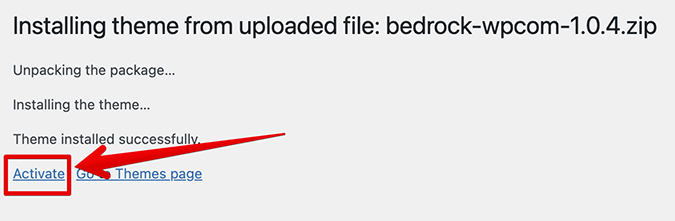 WordPress theme installation dashboard with red arrow pointing to Activate button