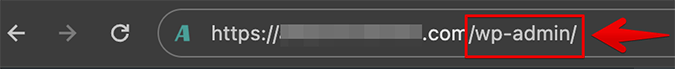 WordPress URL with red arrow pointing to wp-admin