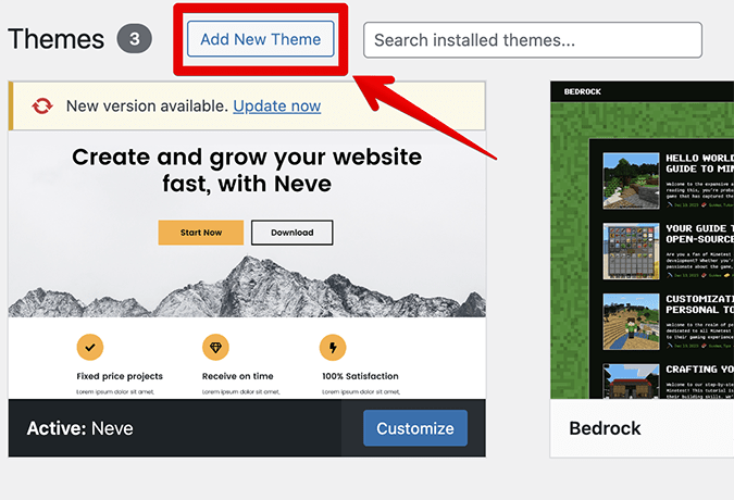 WordPress Themes dashboard with red arrow pointing to Add New Theme