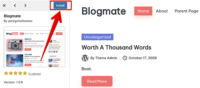 Blogmate theme with red arrow pointing to Install button