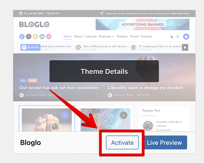 Blogmate theme with red arrow pointing to Activate button