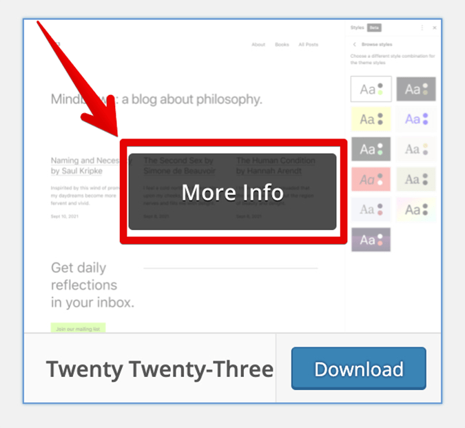 WordPress theme with red arrow pointing to More Info button