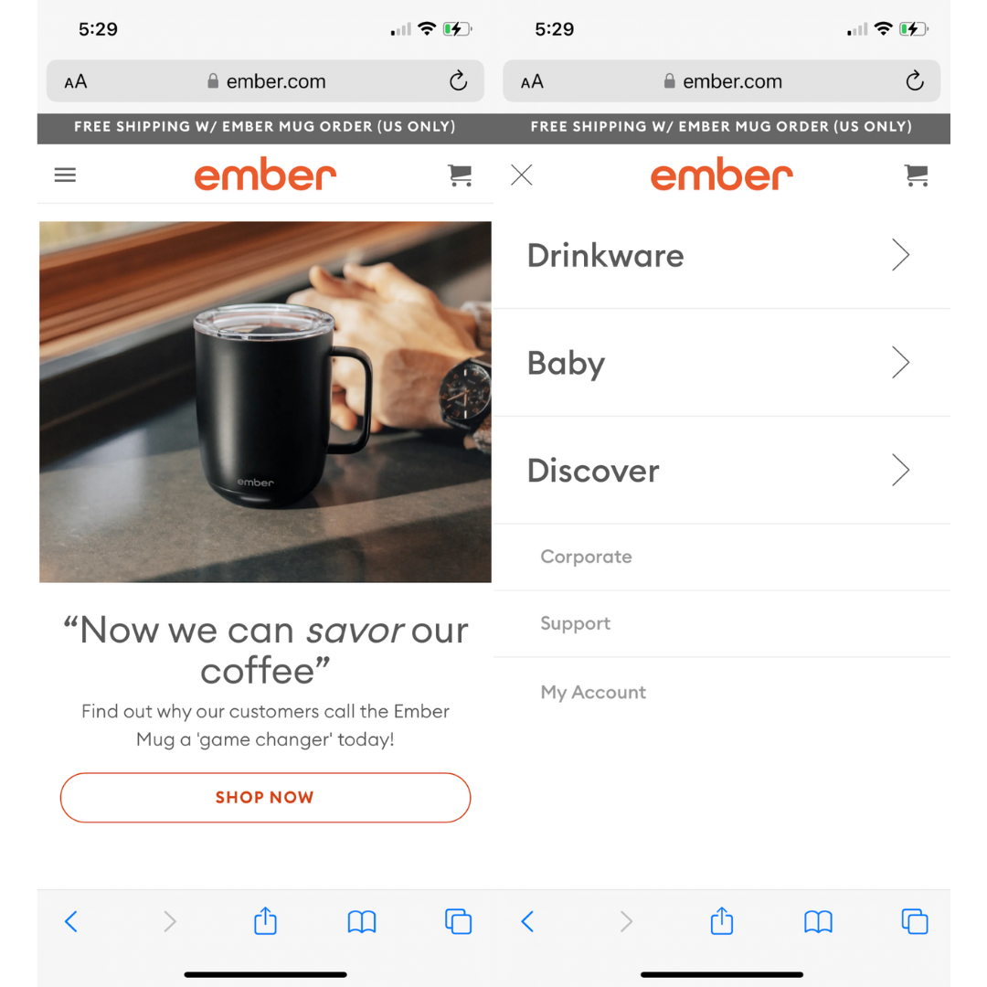 Ember website navigation menu. 