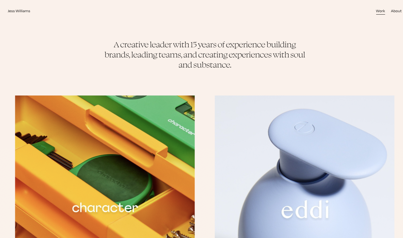 Jess Williams' website homepage with neutral colors and white space.