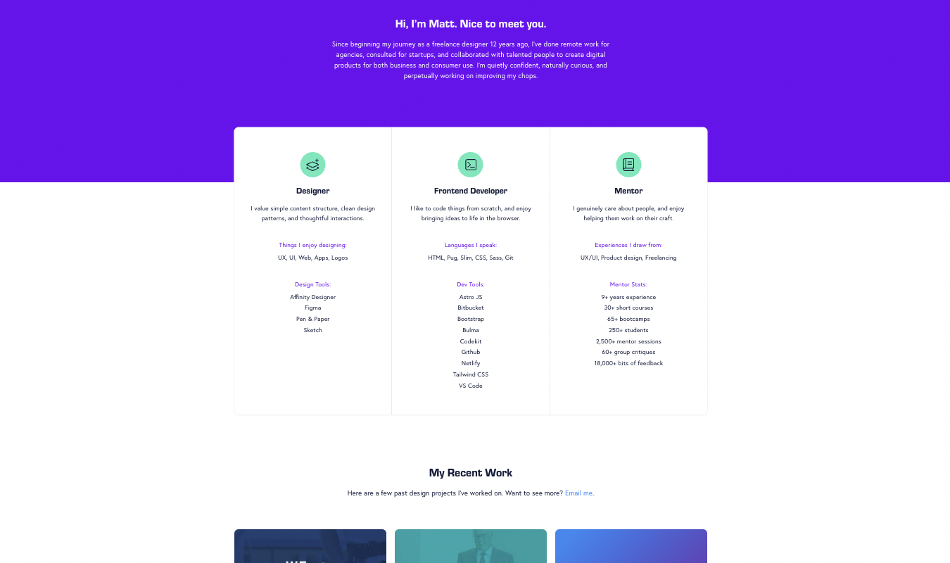 Matt Farley's website homepage with information about who he is and what he does. 