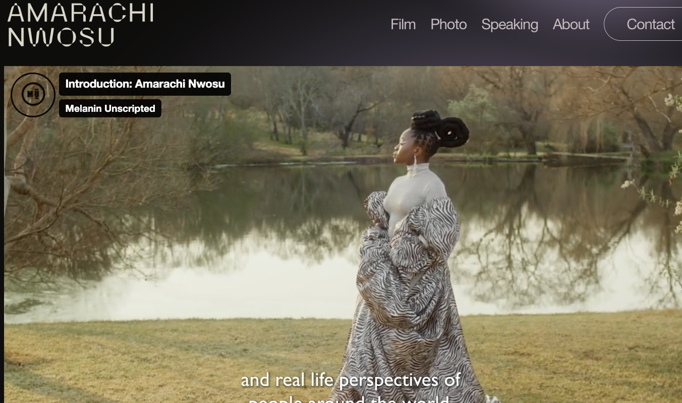 Amarachi Nwosu's website homepage with a short film shot by her. 