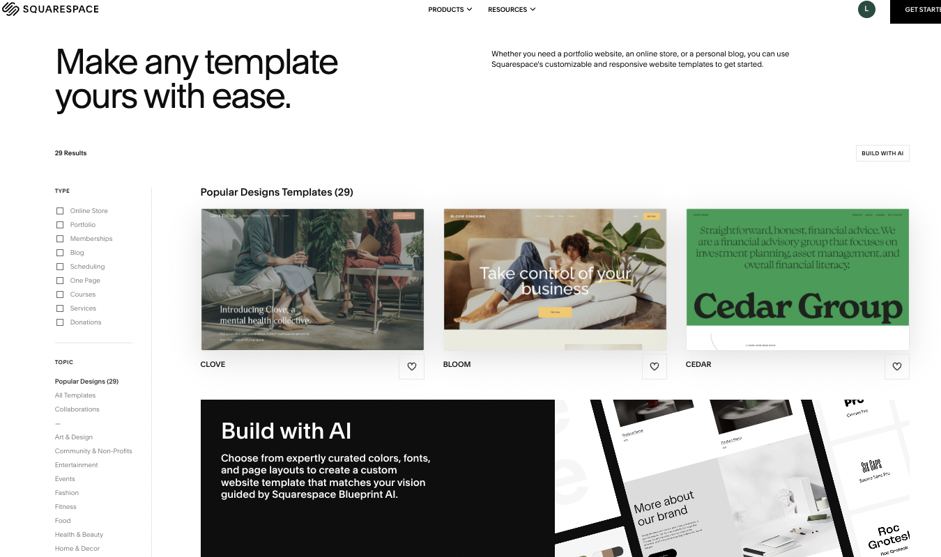 Squarespace website template selection page with various options to sort and filter. 