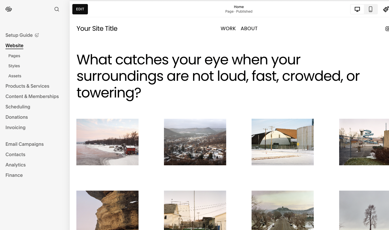 Squarespace website customization page with various images and options to start building a personal website. 