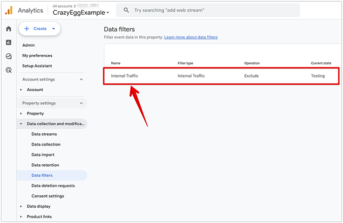 GA4 example for how to access filter types by navigating to Data collection and modification > Data filters, and clicking on an existing filter.