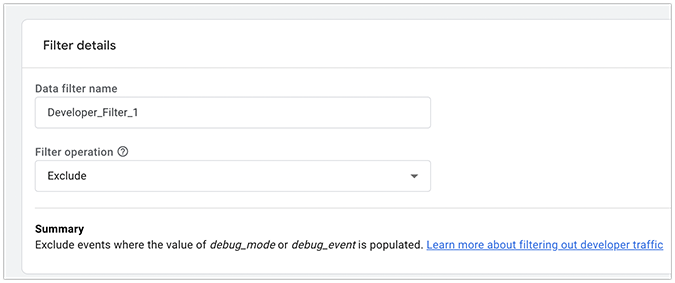 Filter details menu with option to name filter and choose exclude option.