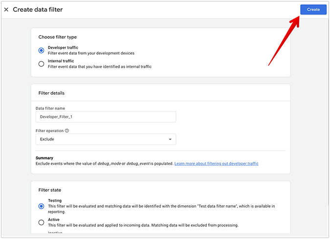 Create data filter menu in GA4 with red arrow pointing to create button. 