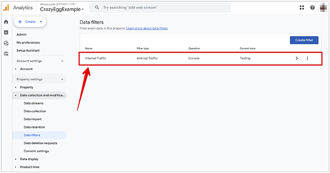 Example for how to activate the internal traffic filter in GA4, with red arrow pointing to click the filter.