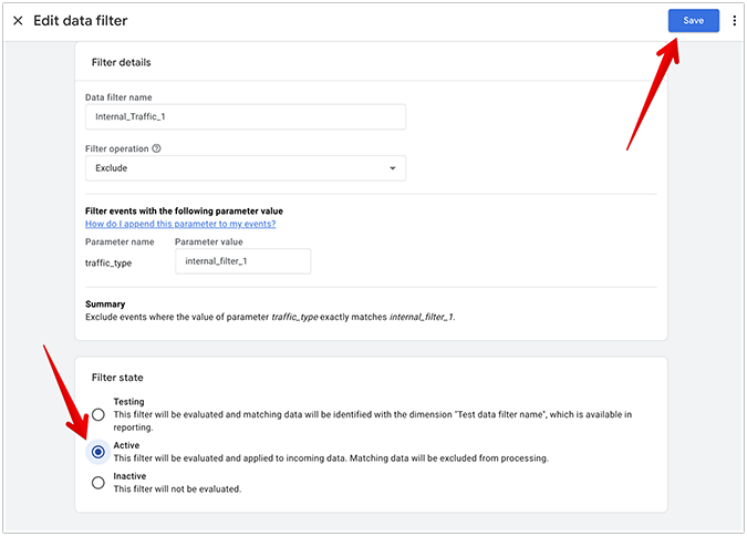 Edit data filter menu in GA4 with red arrows pointing to active selection and save button. 