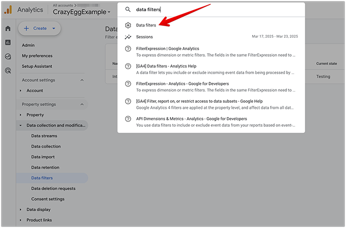 Example for how to search for data filters in GA4. 